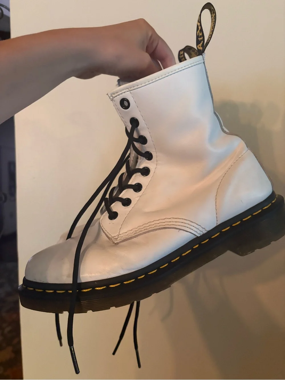 Dr. Martens White Leather Lace-Up Combat Boots with Black Laces - Picture 1 of 6